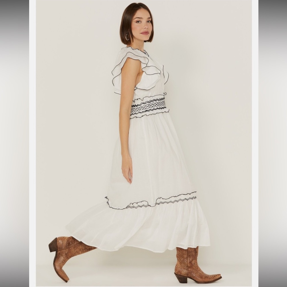 Cleobella White Maxi Dress Ruffle Sleeves Smocked Boho Organic Cotton Medium